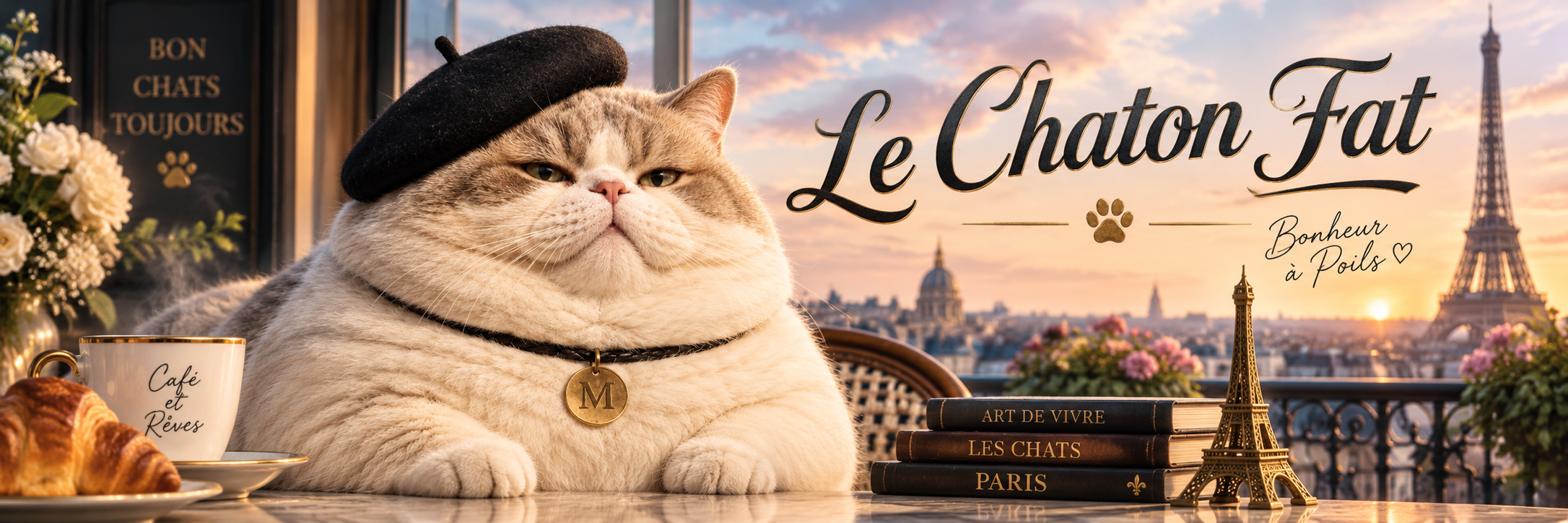 Le Chaton Fat banner: the plump French cat at a Parisian balcony table