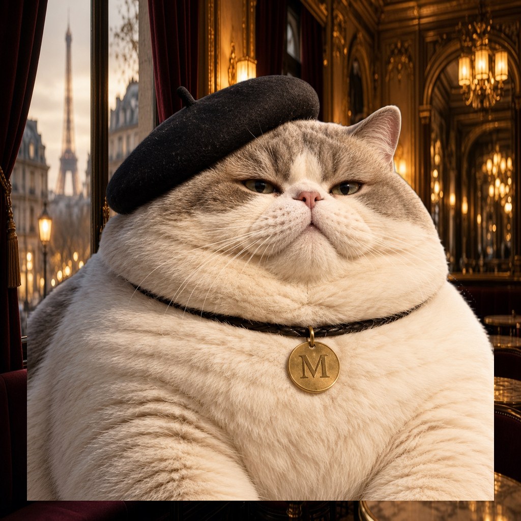 Le Chaton Fat in a gilt Parisian salon with a view of the Eiffel Tower