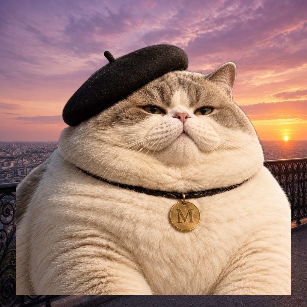 Le Chaton Fat, plump beret cat in salon scene two