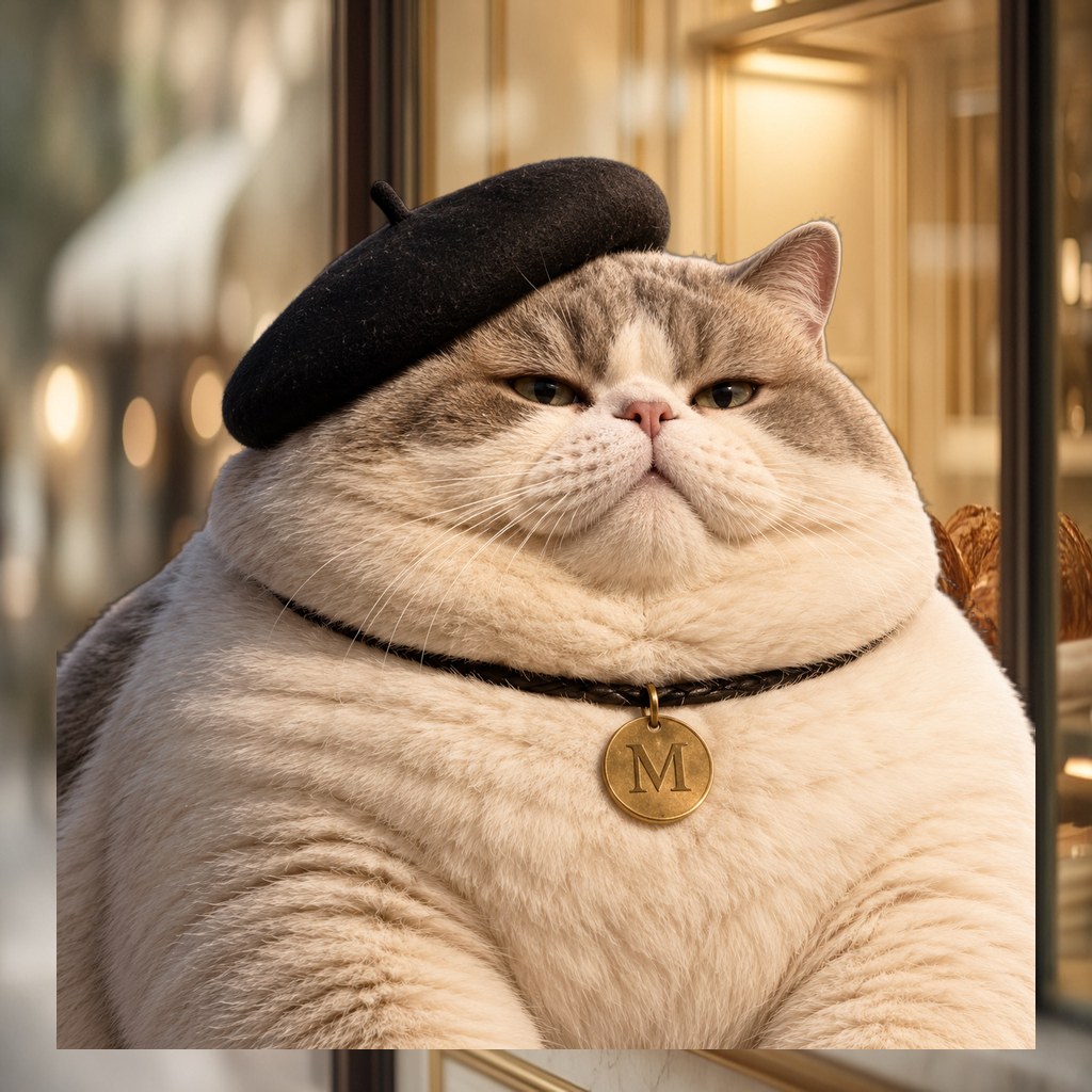 Le Chaton Fat, plump beret cat in salon scene three