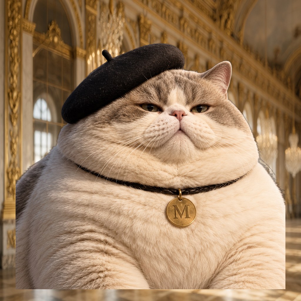 Le Chaton Fat, plump beret cat in salon scene four