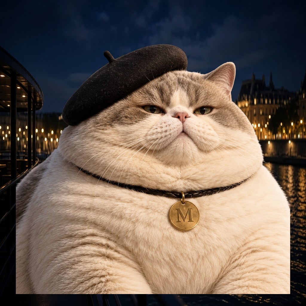 Le Chaton Fat, plump beret cat in salon scene five