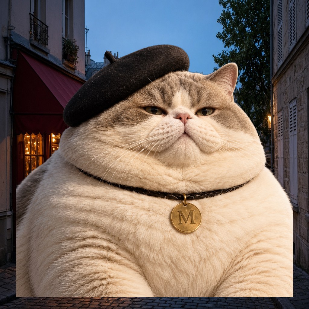 Le Chaton Fat, plump beret cat in salon scene six
