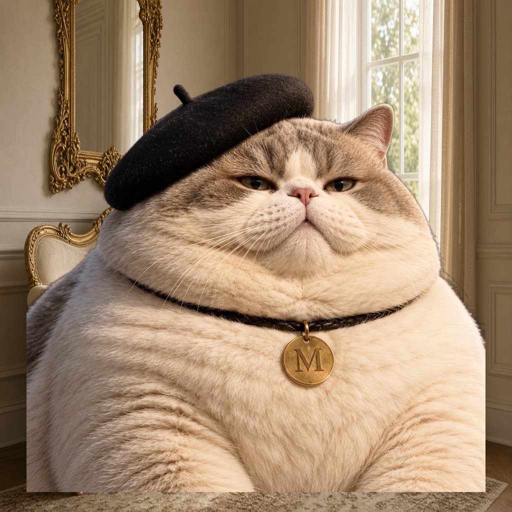 Le Chaton Fat, plump beret cat in salon scene seven