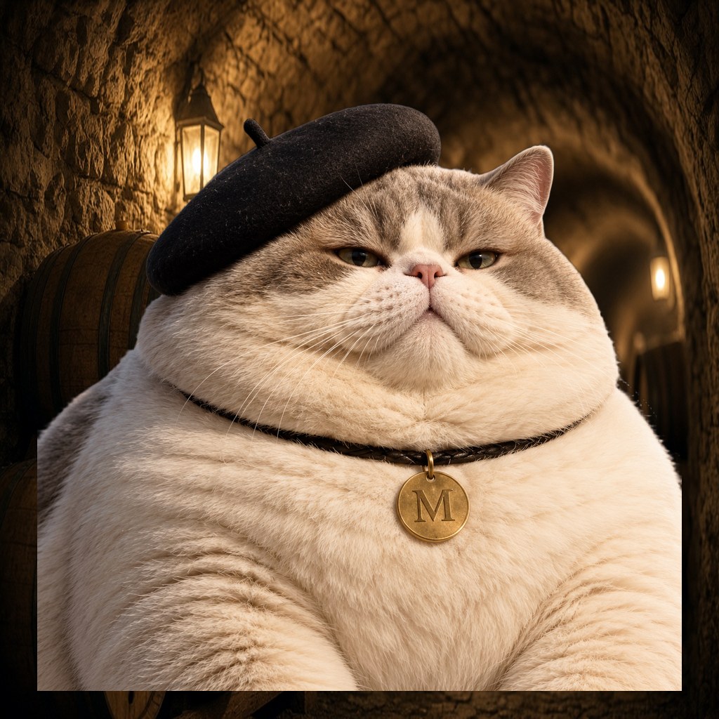 Le Chaton Fat, plump beret cat in salon scene eight