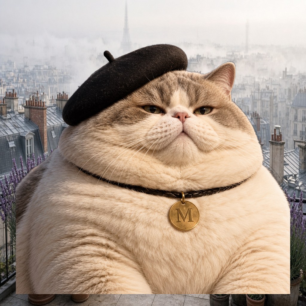 Le Chaton Fat, plump beret cat in salon scene nine
