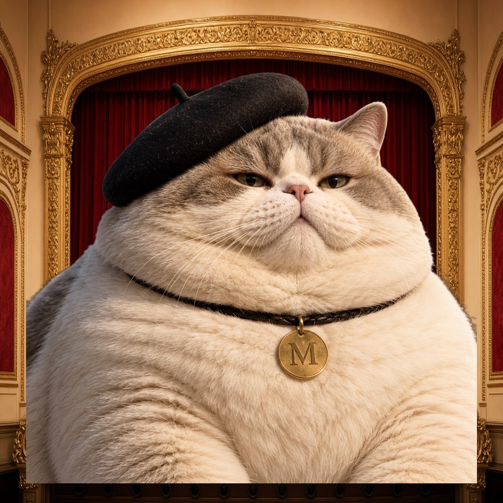 Le Chaton Fat, plump beret cat in salon scene ten
