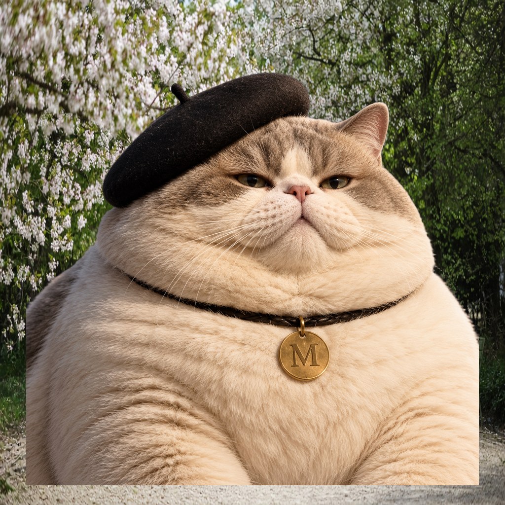 Le Chaton Fat, plump beret cat in salon scene eleven